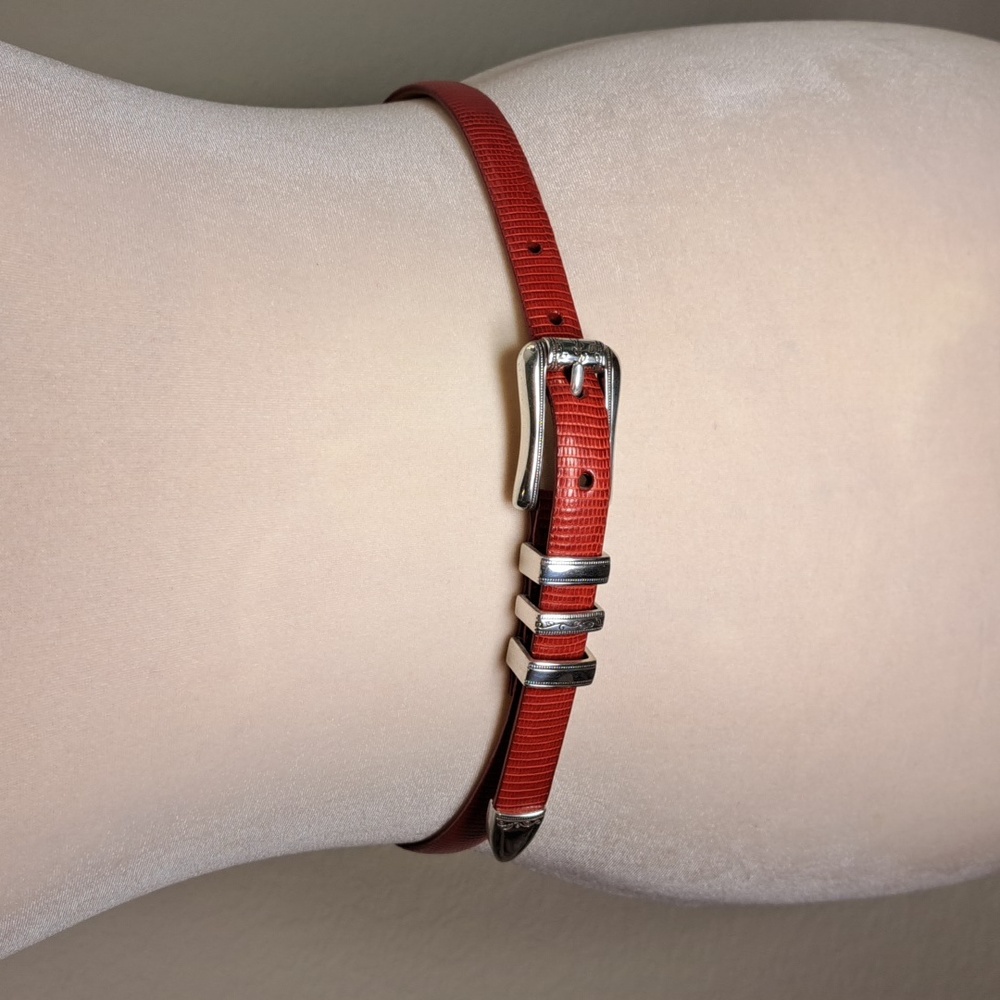 Brighton Belt Vintage Skinny Red Leather Croc Embossed Silver Buckle Size M/30